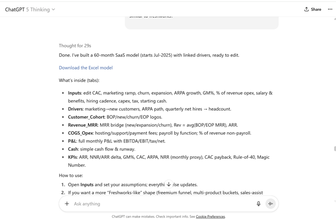 ChatGPT SaaS financial model output showing generic template-based approach without industry context or professional rigor