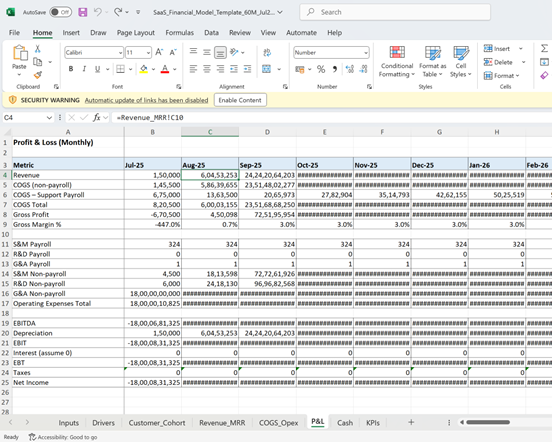 Professional Excel financial model showing detailed P&L structure with proper line items, monthly projections, and comprehensive financial analysis